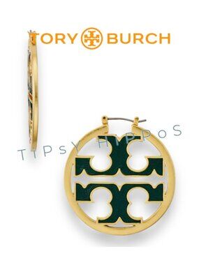 Authentic Tory Burch Miller Hoops in Hunter Green and Gold